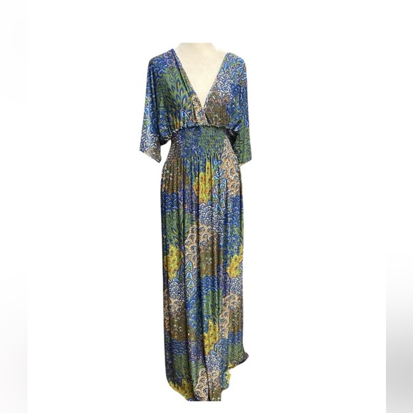 5th & Love Dresses & Skirts - 5th & Love Maxi Dress Size L Blue Green Paisley V Neck Boho Hippie Cottagecor